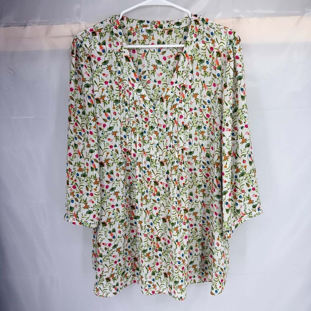 Rose & Olive Women 1X Floral Blouse Tunic Top Green Pink 3/4 Sleeve Pleated